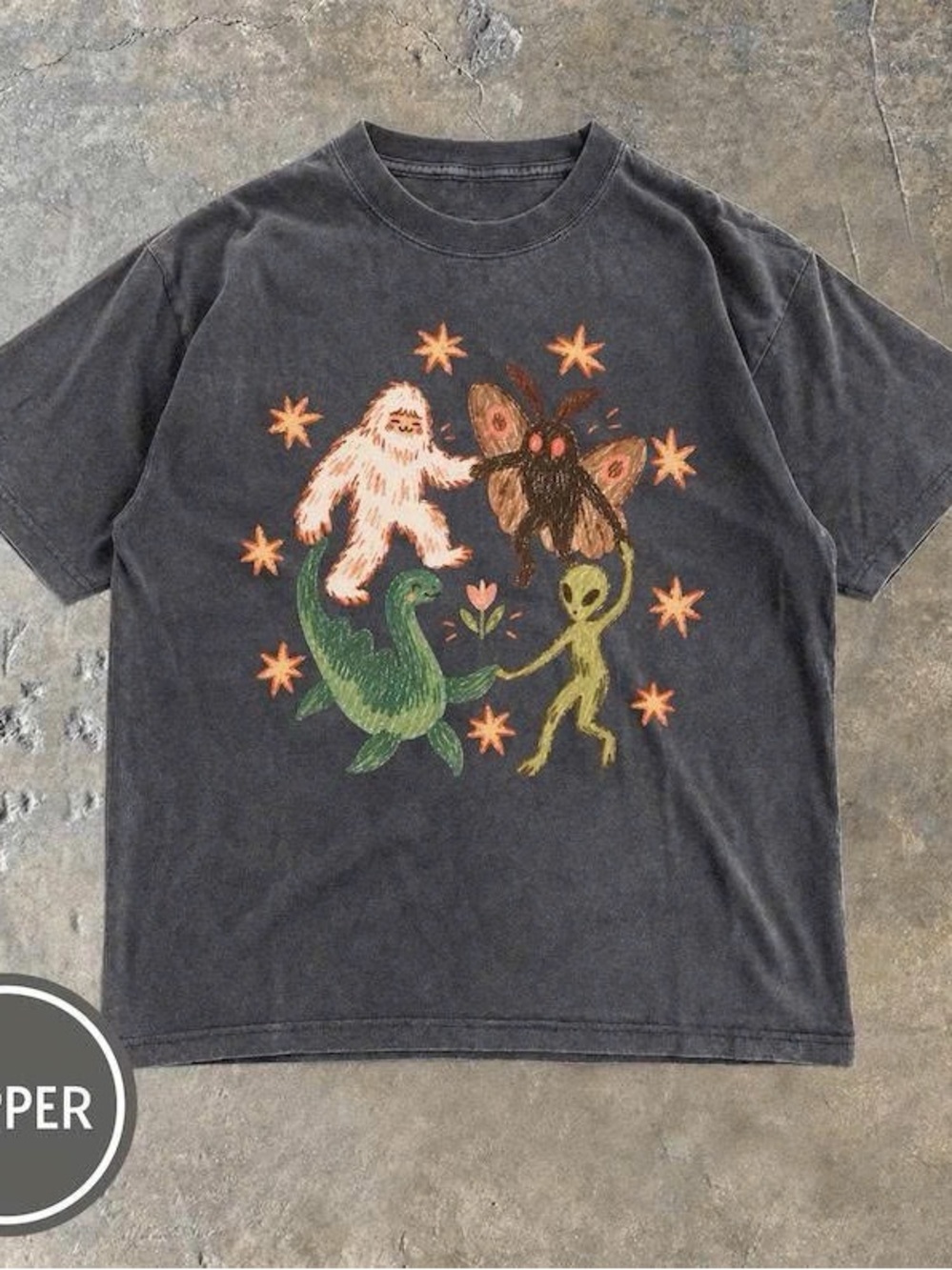 Charcoal Tee with Green Dinosaur, Pink Sasquatch & Olive Alien